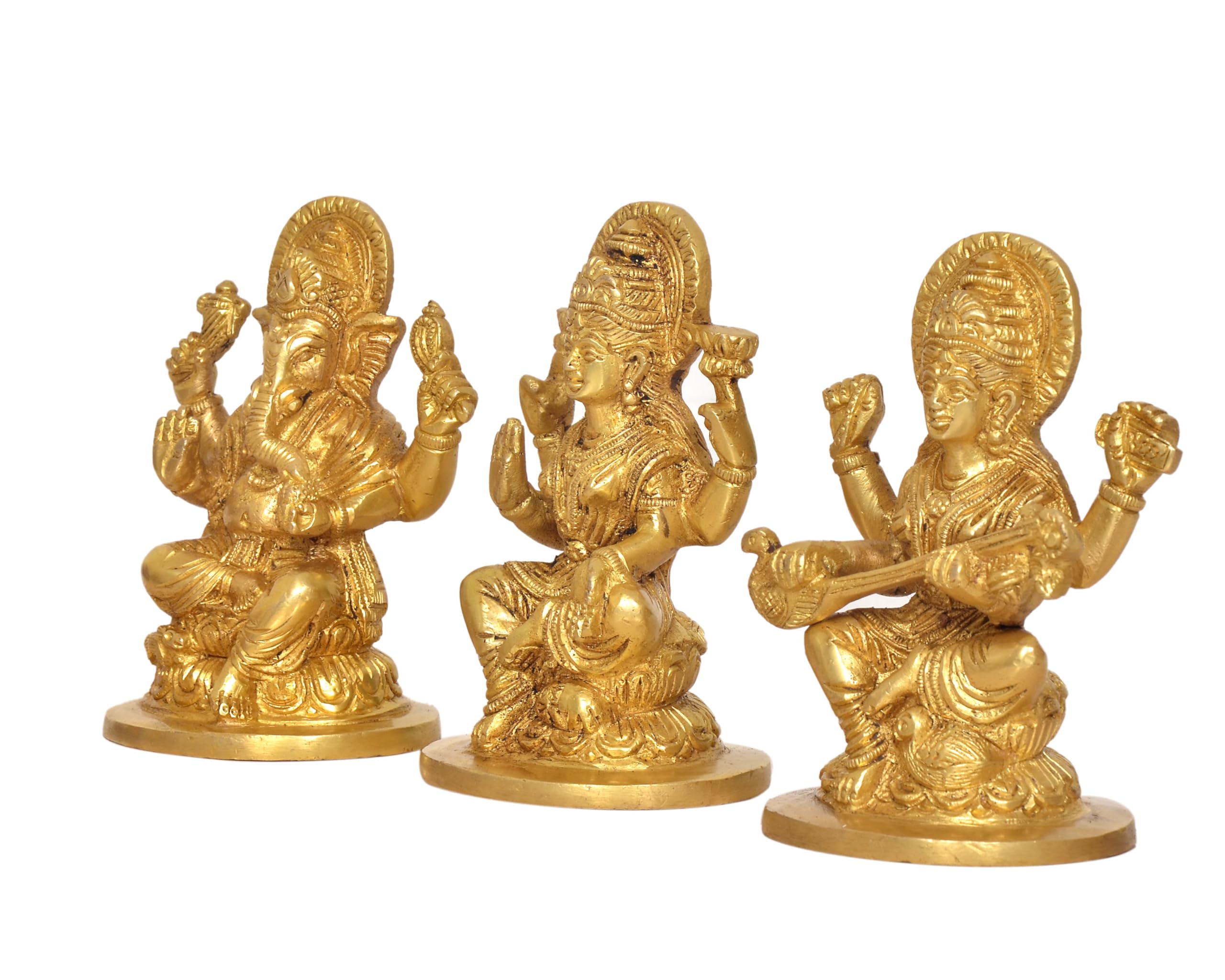 Aona Goddess Lakshmi Ganesha Saraswati Brass Idol Lakshmi Ganesh Murti For Diwali Pooja, Height 5 Inch